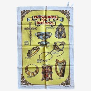 Vintage TREASURES OF IRELAND Linen/Cotton Unused Tea Towel w/Harp Book of Kells